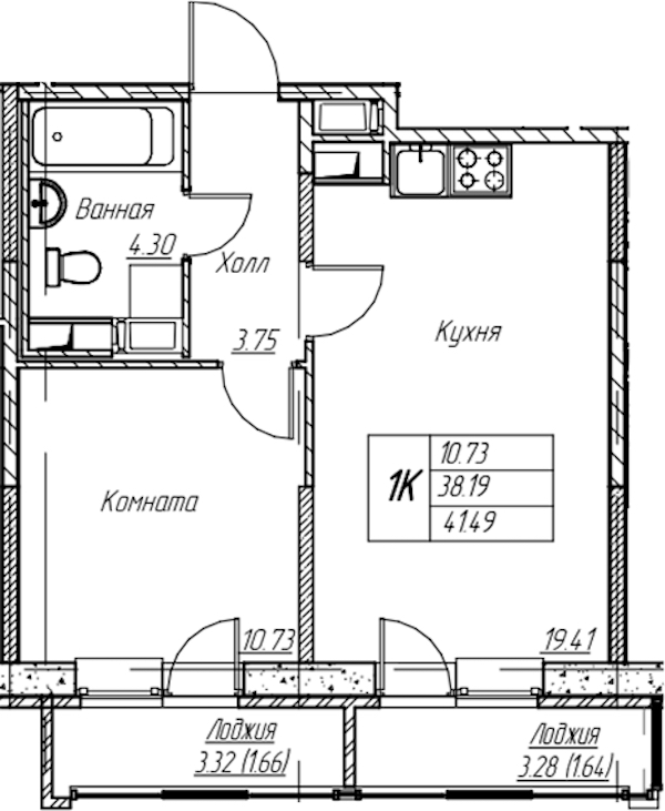 1-комнатная квартира 41.49 м², 8/22 эт., ЖК «Парк-квартал Юнтолово»